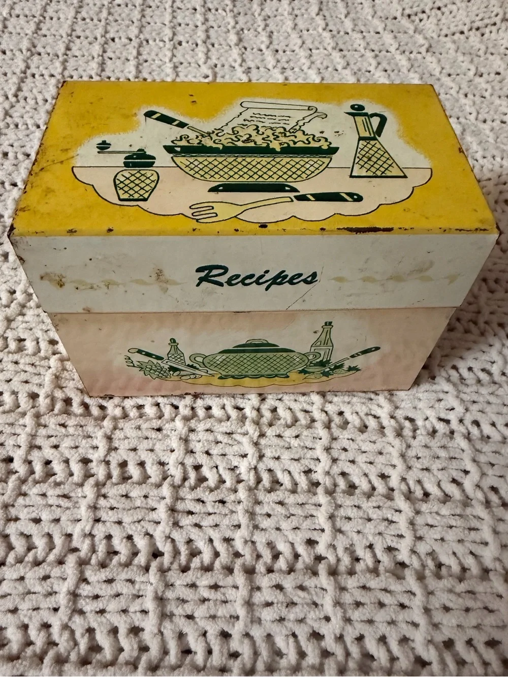 Vintage 1950s tin recipe box with kitchen graphics and 